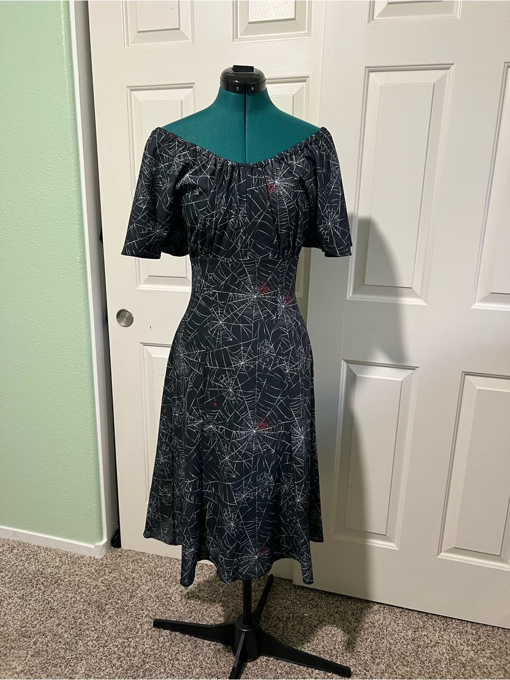 Pinup Couture Off-Shoulder Black Spiderweb Print Dress sz Med